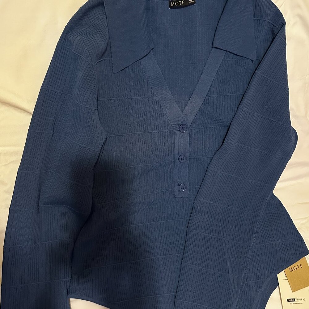 NWT SHEIN MOTF Curve Plus Retro Dusty Blue Collared Long Sleeved Bodysuit 70s